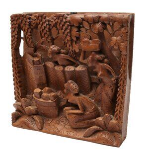 Vintage Balinese Wooden Hand Carved 3D Art Wall Hang Lightweight Wood Brown